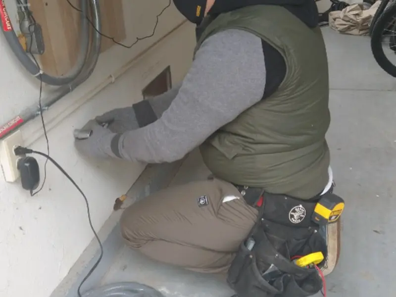Electrician performing outlet wiring in a Elma garage